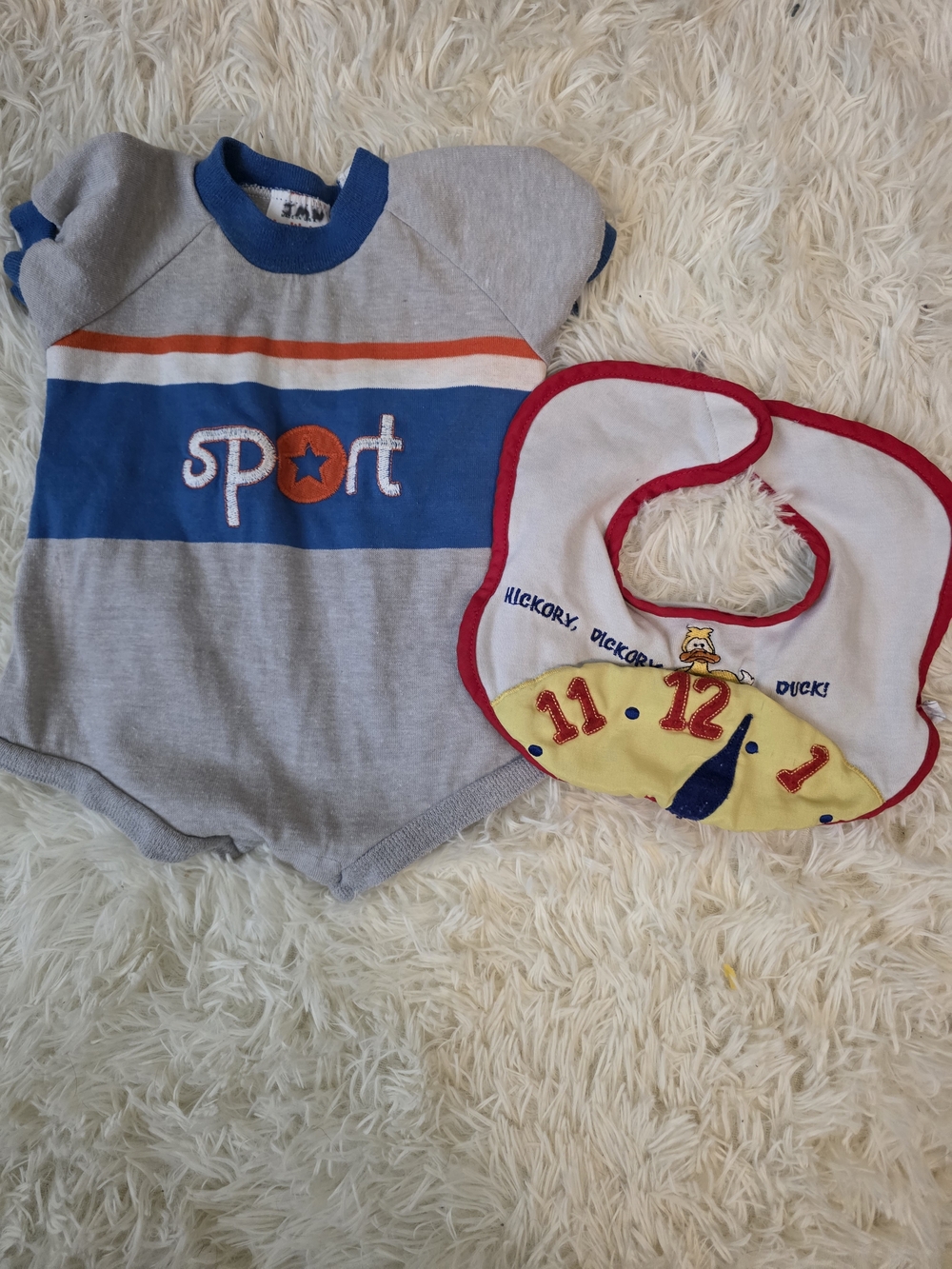 Vintage Healthtex Gray Romper with Blue and Red-Trim Bib